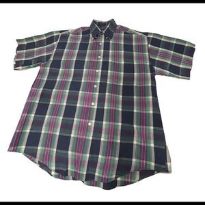 Buckingham Blue Green Magenta Pink Plaid Short Sleeve Shirt - Mens Medium M